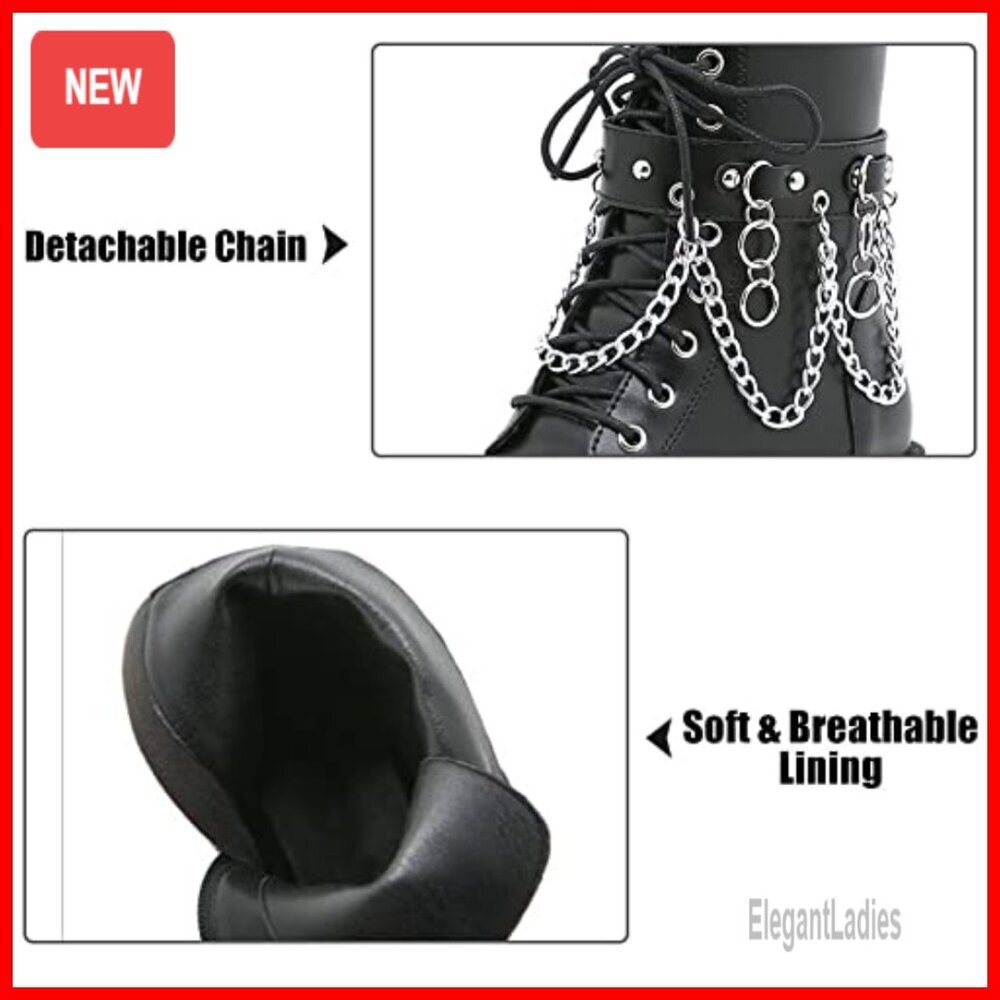 Platform Combat Boots with Detachable Chain, Chunky Heel, Lace Up & Zipper - Picture 3 of 7